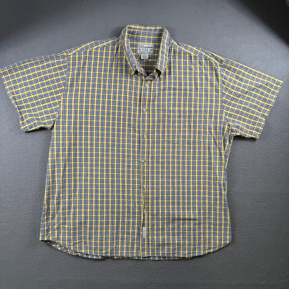 Vintage U.S. Expedition Shirt Mens 2X Yellow Blue Plaid Short Sleeve Casual Top